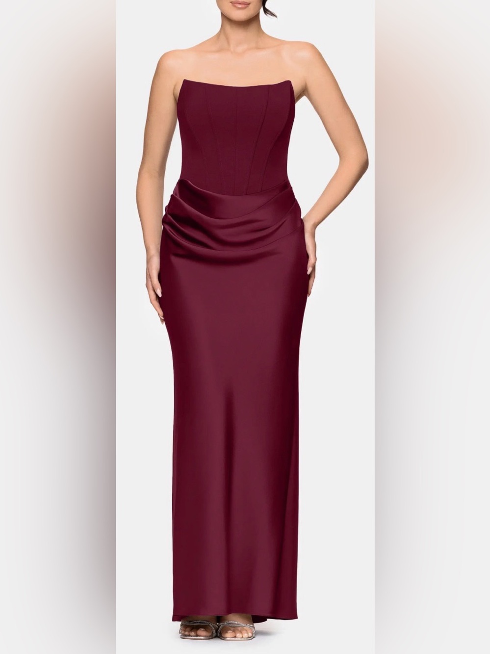NWOT Betsy & Adam strapless mixed media plum gown sz 4